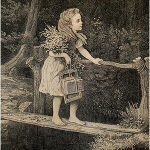 1881 Engraving Lovely School Girl On Bridge Half Afraid Victorian Bremen DWQQ18